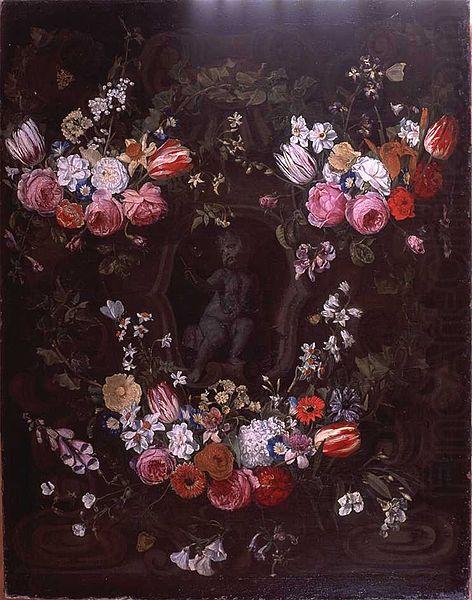 Garland of flowers surrounding cherub in grisaille, Jan Philip van Thielen
